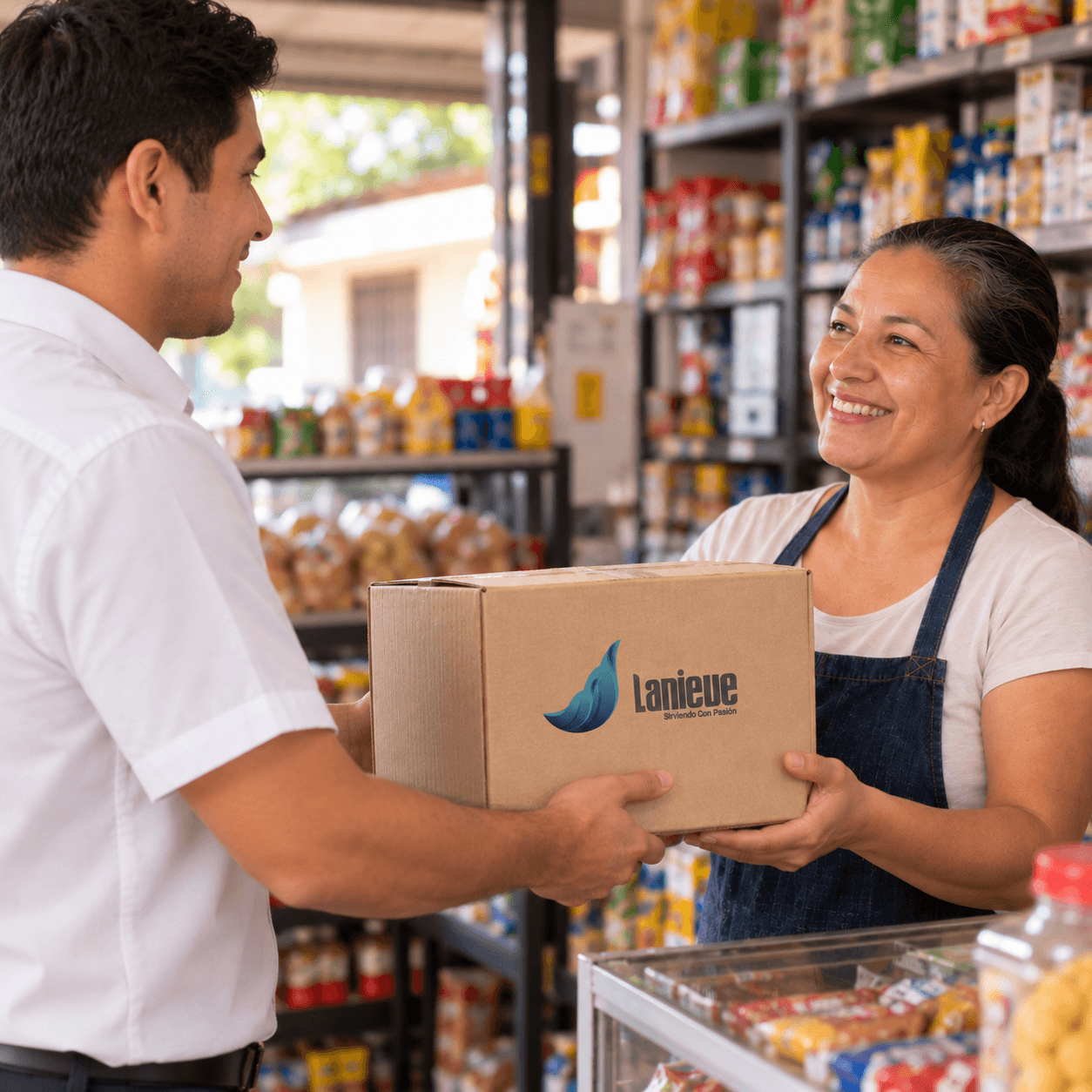 Cliente recibiendo una caja de Distribuciones La Nieve en su tienda